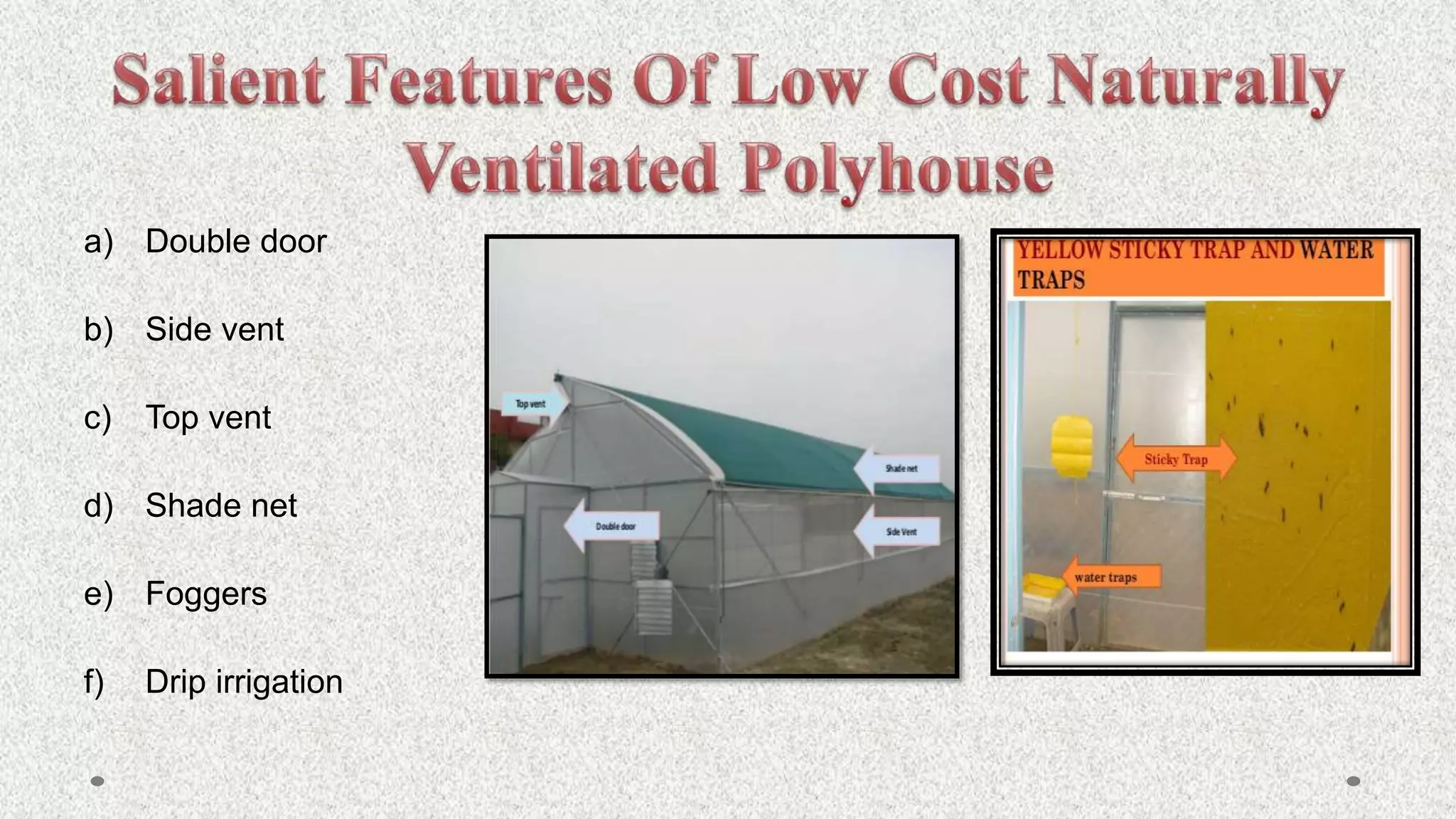 a) Double door
b) Side vent
c) Top vent
d) Shade net
e) Foggers
f) Drip irrigation
 
