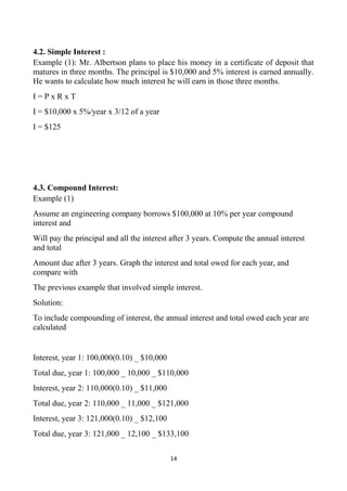 14
4.2. Simple Interest :
Example (1): Mr. Albertson plans to place his money in a certificate of deposit that
matures in three months. The principal is $10,000 and 5% interest is earned annually.
He wants to calculate how much interest he will earn in those three months.
I = P x R x T
I = $10,000 x 5%/year x 3/12 of a year
I = $125
4.3. Compound Interest:
Example (1)
Assume an engineering company borrows $100,000 at 10% per year compound
interest and
Will pay the principal and all the interest after 3 years. Compute the annual interest
and total
Amount due after 3 years. Graph the interest and total owed for each year, and
compare with
The previous example that involved simple interest.
Solution:
To include compounding of interest, the annual interest and total owed each year are
calculated
Interest, year 1: 100,000(0.10) _ $10,000
Total due, year 1: 100,000 _ 10,000 _ $110,000
Interest, year 2: 110,000(0.10) _ $11,000
Total due, year 2: 110,000 _ 11,000 _ $121,000
Interest, year 3: 121,000(0.10) _ $12,100
Total due, year 3: 121,000 _ 12,100 _ $133,100
 