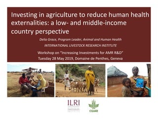 Investing in agriculture to reduce human health
externalities: a low- and middle-income
country perspective
Delia Grace, Program Leader, Animal and Human Health
INTERNATIONAL LIVESTOCK RESEARCH INSTITUTE
Workshop on “Increasing Investments for AMR R&D”
Tuesday 28 May 2019, Domaine de Penthes, Geneva
 