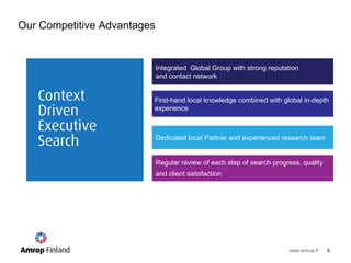 Our Competitive Advantages Integrated  Global Group with strong reputation  and contact network First-hand local knowledge combined with global in-depth  experience Dedicated local Partner and experienced research team Regular review of each step of search progress, quality  and client satisfaction  