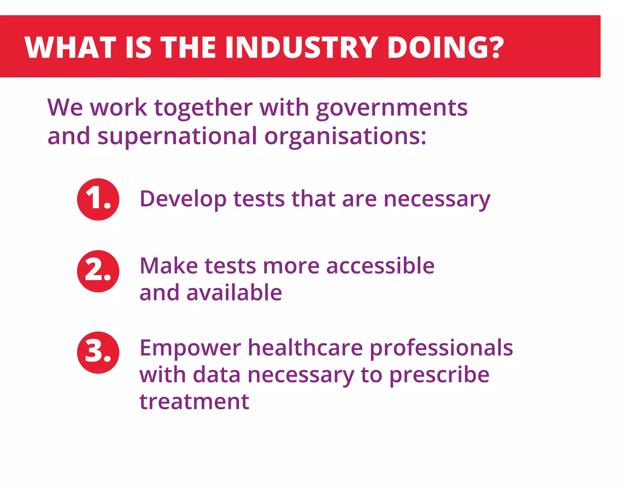 WHAT IS THE INDUSTRY DOING?
Develop tests that are necessary
We work together with governments
and supernational organisations:
Make tests more accessible
and available
Empower healthcare professionals
with data necessary to prescribe
treatment
1.
2.
3.
 