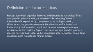 Definicion de factores fisicos
Físicos: Son todos aquellos factores ambientales de naturaleza física
que pueden provocar efectos adversos a la salud según sea la
intensidad de exposición y consecuencia, se incluyen: ruido,
vibraciones, temperatura elevada, iluminación, radiaciones tanto
ionizantes y no ionizantes, presiones de campos magnéticos, que
actúan sobre los tejidos y órganos del cuerpo y que pueden producir
efectos nocivos. Los cuales ya he nombrado anteriormente como debe
realizarce pero no obtener ningún riesgo.
 