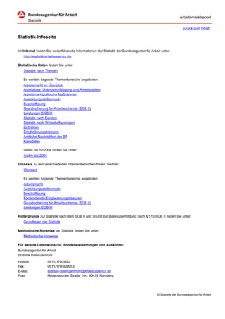 Arbeitsmarktreport 
Statistik-Infoseite 
Es werden folgende Themenbereiche angeboten: 
Daten bis 12/2004 finden Sie unter: 
Archiv bis 2004 
Es werden folgende Themenbereiche angeboten: 
Für weitere Datenwünsche, Sonderauswertungen und Auskünfte: 
Bundesagentur für Arbeit 
Statistik Datenzentrum 
Hotline: 
0911/179-3632 
Fax: 
0911/179-908053 
E-Mail: 
statistik-datenzentrum@arbeitsagentur.de 
Post: 
Regensburger Straße 104, 90478 Nürnberg 
© Statistik der Bundesagentur für Arbeit 
Methodische Hinweise 
Grundsicherung für Arbeitsuchende (SGB II) 
Leistungen SGB III 
Hintergründe zur Statistik nach dem SGB II und III und zur Datenübermittlung nach § 51b SGB II finden Sie unter: 
Grundlagen der Statistik 
Methodische Hinweise der Statistik finden Sie unter: 
Glossare 
Arbeitsmarkt 
Ausbildungsstellenmarkt 
Beschäftigung 
Förderstatistik/Eingliederungsbilanzen 
Statistik nach Wirtschaftszweigen 
Zeitreihen 
Eingliederungsbilanzen 
Amtliche Nachrichten der BA 
Kreisdaten 
Glossare zu den verschiedenen Themenbereichen finden Sie hier: 
Arbeitsmarktpolitische Maßnahmen 
Ausbildungsstellenmarkt 
Beschäftigung 
Grundsicherung für Arbeitsuchende (SGB II) 
Leistungen SGB III 
Statistik nach Berufen 
Im Internet finden Sie weiterführende Informationen der Statistik der Bundesagentur für Arbeit unter: 
http://statistik.arbeitsagentur.de 
Statistische Daten finden Sie unter: 
Statistik nach Themen 
Arbeitsmarkt im Überblick 
Arbeitslose, Unterbeschäftigung und Arbeitsstellen 
zurück zum Inhalt 