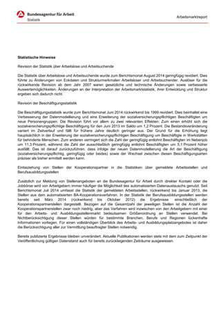 Arbeitsmarktreport 
Statistische Hinweise 
Revision der Statistik über Arbeitslose und ArbeitsuchendeDieStatistiküberArbeitsloseundArbeitsuchendewurdezumBerichtsmonatAugust2014geringfügigrevidiert.DiesführtezuÄnderungenvonEckdatenundStrukturmerkmalenArbeitsloserundArbeitsuchender.AuslöserfürdierückwirkendeRevisionabdemJahr2007warengesetzlicheundtechnischeÄnderungensowieverbesserteAuswertemöglichkeiten.ÄnderungenanderInterpretationderArbeitsmarktstatistik,ihrerEntwicklungundStrukturergeben sich dadurch nicht. Revision der BeschäftigungsstatistikDieBeschäftigungsstatistikwurdezumBerichtsmonatJuni2014rückwirkendbis1999revidiert.DiesbeinhalteteineVerbesserungderDatenmodellierungundeineErweiterungdersozialversicherungspflichtigenBeschäftigtenumneuePersonengruppen.DieRevisionführtvorallemzuzweirelevantenEffekten:ZumeinenerhöhtsichdiesozialversicherungspflichtigeBeschäftigungfürdenJuni2013imSaldoum1,2 Prozent.DieBestandsveränderungvariiertimZeitverlaufundfälltfürfrühereJahredeutlichgeringeraus.DerGrundfürdieErhöhungliegthauptsächlichinderErweiterungdersozialversicherungspflichtigenBeschäftigungumBeschäftigteinWerkstättenfürbehinderteMenschen.ZumanderenverringertsichdieZahldergeringfügigentlohntBeschäftigtenimNebenjobum11,3 Prozent,währenddieZahlderausschließlichgeringfügigentlohntBeschäftigtenum5,1 Prozenthöherausfällt.Dasistdaraufzurückzuführen,dassinfolgederneuenDatenmodellierungdieArtderBeschäftigung(sozialversicherungspflichtig,geringfügigoderbeides)sowiederWechselzwischendiesenBeschäftigungsartenpräziser als bisher ermittelt werden kann. EinbeziehungvonStellenderKooperationspartnerindieStatistikenübergemeldeteArbeitsstellenundBerufsausbildungsstellenZusätzlichzurMeldungvonStellenangebotenandieBundesagenturfürArbeitdurchdirekterKontaktoderdieJobbörsewirdvonArbeitgebernimmerhäufigerdieMöglichkeitdesautomatisiertenDatenaustauschsgenutzt.SeitBerichtsmonatJuli2014umfasstdieStatistikdergemeldetenArbeitsstellen,rückwirkendbisJanuar2013,dieStellenausdemautomatisiertenBA-Kooperationsverfahren.InderStatistikderBerufsausbildungsstellenwerdenbereitsseitMärz2014(rückwirkendbisOktober2012)dieErgebnisseeinschließlichderKooperationspartnerstellendargestellt.BezogenaufdieGesamtzahlderjeweiligenStellenistdieAnzahlderKooperationspartnerstellenzwarnochniedrig,aberdasVerfahrenwirdinzwischenvondenArbeitgebernmiteinerfürdenArbeits-undAusbildungsstellenmarktbedeutsamenGrößenordnunganStellenverwendet.BeiNichtberücksichtigungdieserStellenwürdenfürbestimmteBranchen,BerufeundRegionenlückenhafteInformationenvorliegen.FüreinenvollständigenÜberblickdesArbeits-undAusbildungsplatzangebotesistdaherdie Berücksichtigung aller zur Vermittlung beauftragter Stellen notwendig. BereitspublizierteErgebnissebleibenunverändert.AktuellePublikationenwerdenstetsmitdemzumZeitpunktderVeröffentlichung gültigen Datenstand auch für bereits zurückliegenden Zeiträume ausgewiesen.  