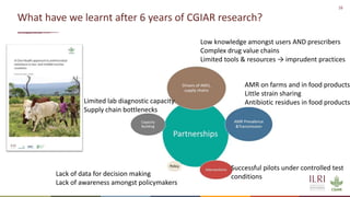 16
What have we learnt after 6 years of CGIAR research?
Low knowledge amongst users AND prescribers
Complex drug value chains
Limited tools & resources → imprudent practices
AMR on farms and in food products
Little strain sharing
Antibiotic residues in food products
Successful pilots under controlled test
conditions
Lack of data for decision making
Lack of awareness amongst policymakers
Limited lab diagnostic capacity
Supply chain bottlenecks
 