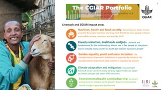 3
Livestock and CGIAR impact areas
Nutrition, health and food security: Animal source foods remain
essential for proper nutrition and long-term health for most people in lower-
and middle-income countries; and must be SAFE
Poverty reduction, livelihoods and jobs: Livestock are
fundamental for the livelihoods of almost one in five people on the planet
and in virtually every country on earth, for national economic growth
Gender equality, youth and social inclusion: The
transformation of women’s livelihoods is impacted by livestock; the
transformation of livestock food systems is impacted by women
Climate adaptation and mitigation: A sustainable
livestock sector presents many very big opportunities to adapt
to climate change and lower GHG emissions
Environmental health and biodiversity: Livestock
enterprises are integral to the planet’s future environmental
health and for supporting biodiversity
 