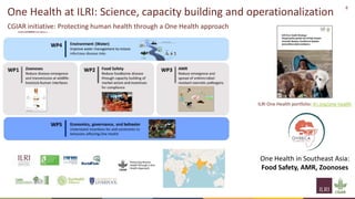 8
One Health at ILRI: Science, capacity building and operationalization
ILRI One Health portfolio: ilri.org/one-health
CGIAR initiative: Protecting human health through a One Health approach
One Health in Southeast Asia:
Food Safety, AMR, Zoonoses
 