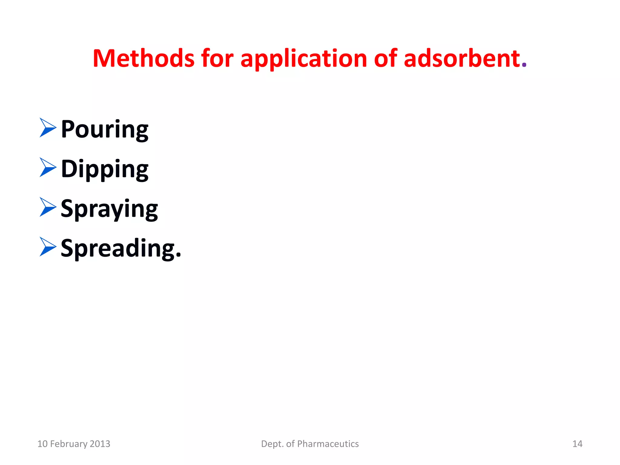 Methods for application of adsorbent.

Pouring
Dipping
Spraying
Spreading.




10 February 2013         Dept. of Pharmaceutics    14
 