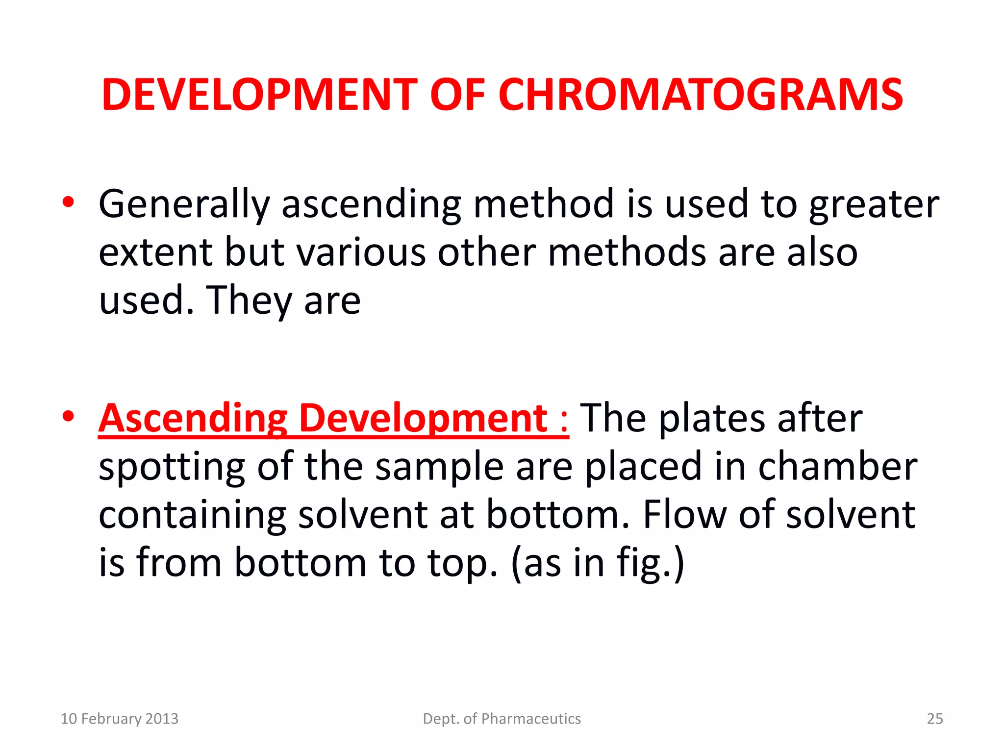 DEVELOPMENT OF CHROMATOGRAMS

• Generally ascending method is used to greater
  extent but various other methods are also
  used. They are

• Ascending Development : The plates after
  spotting of the sample are placed in chamber
  containing solvent at bottom. Flow of solvent
  is from bottom to top. (as in fig.)


10 February 2013   Dept. of Pharmaceutics         25
 