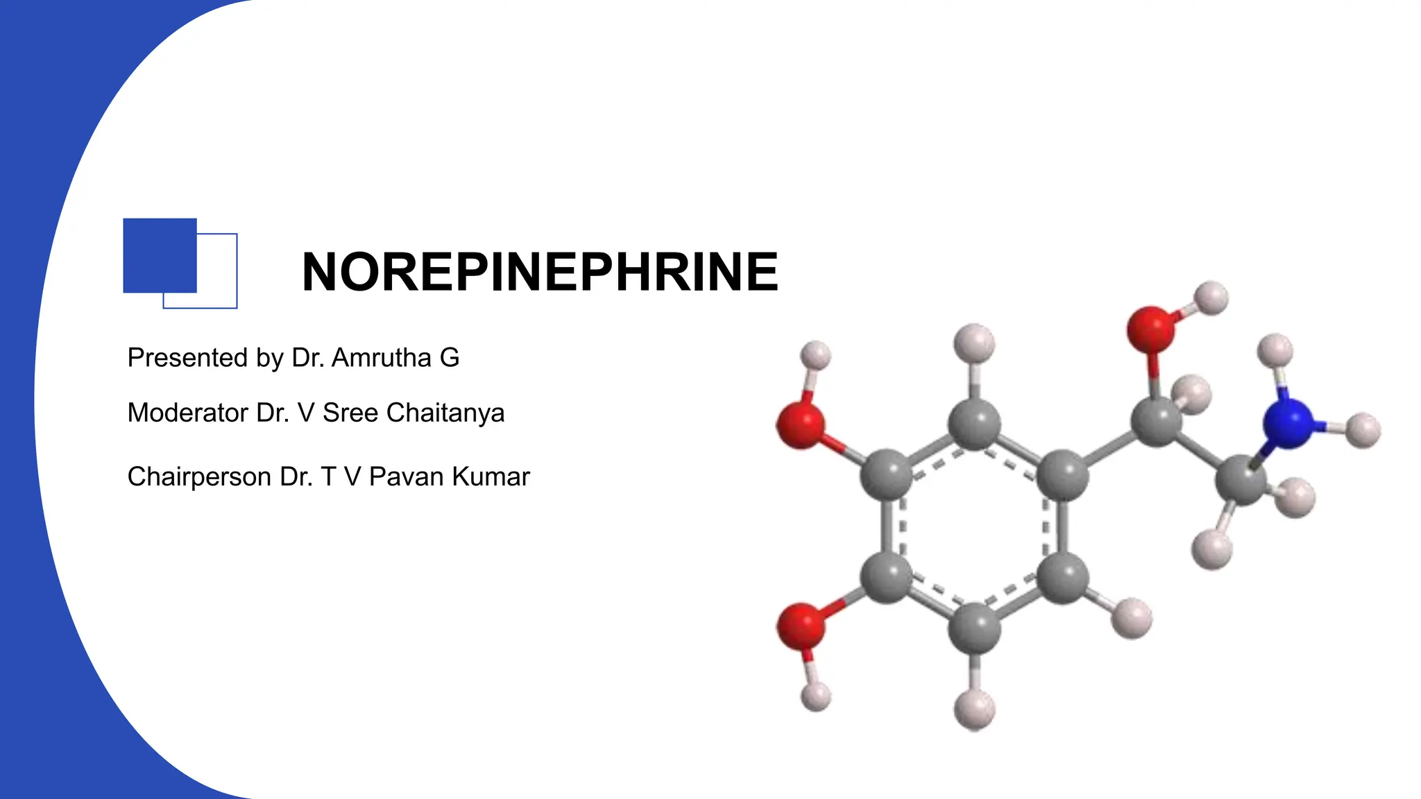 NOREPINEPHRINE
Presented by Dr. Amrutha G
Moderator Dr. V Sree Chaitanya
Chairperson Dr. T V Pavan Kumar