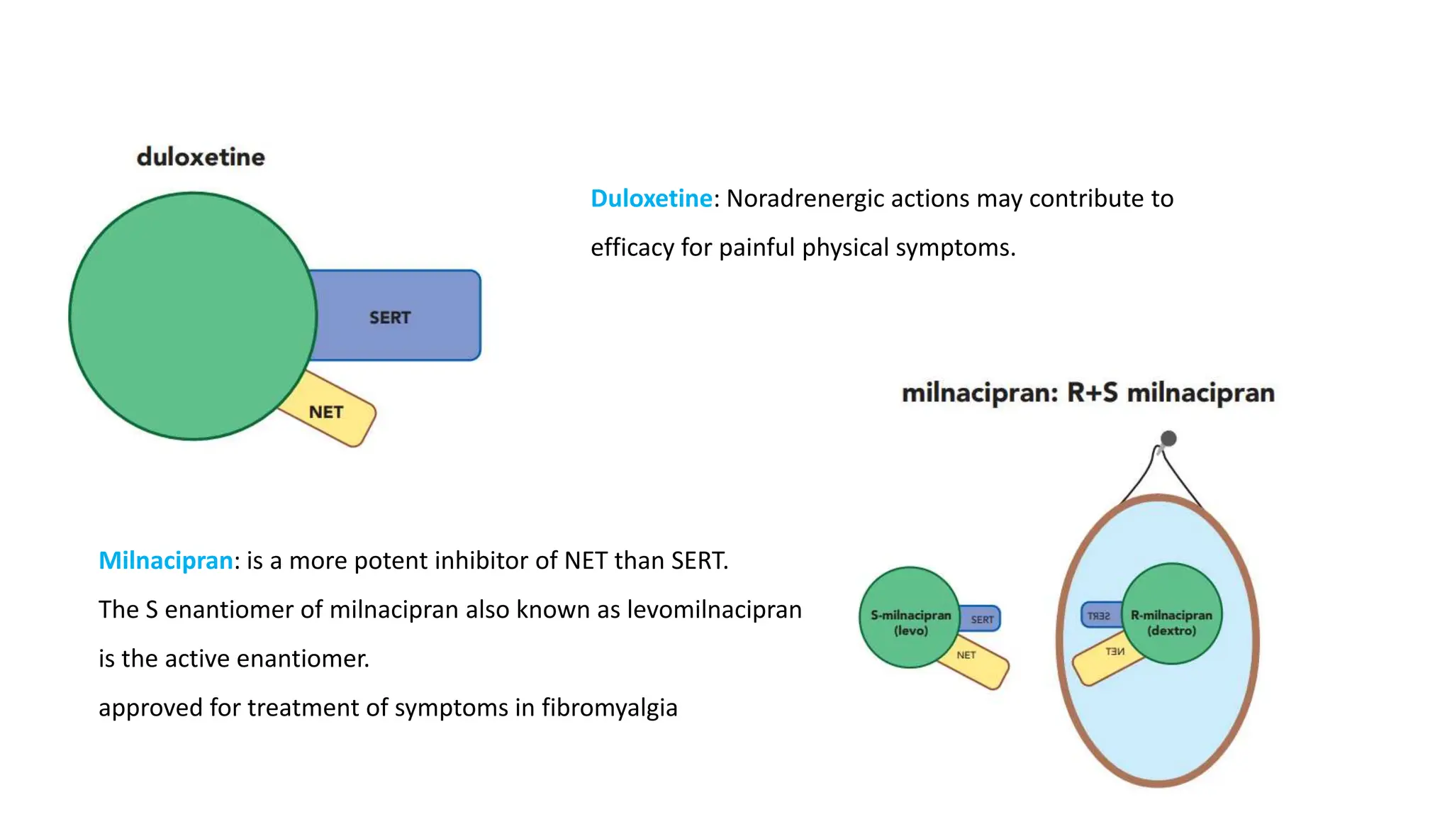 Duloxetine: Noradrenergic actions may contribute to
efficacy for painful physical symptoms.
Milnacipran: is a more potent inhibitor of NET than SERT.
The S enantiomer of milnacipran also known as levomilnacipran
is the active enantiomer.
approved for treatment of symptoms in fibromyalgia