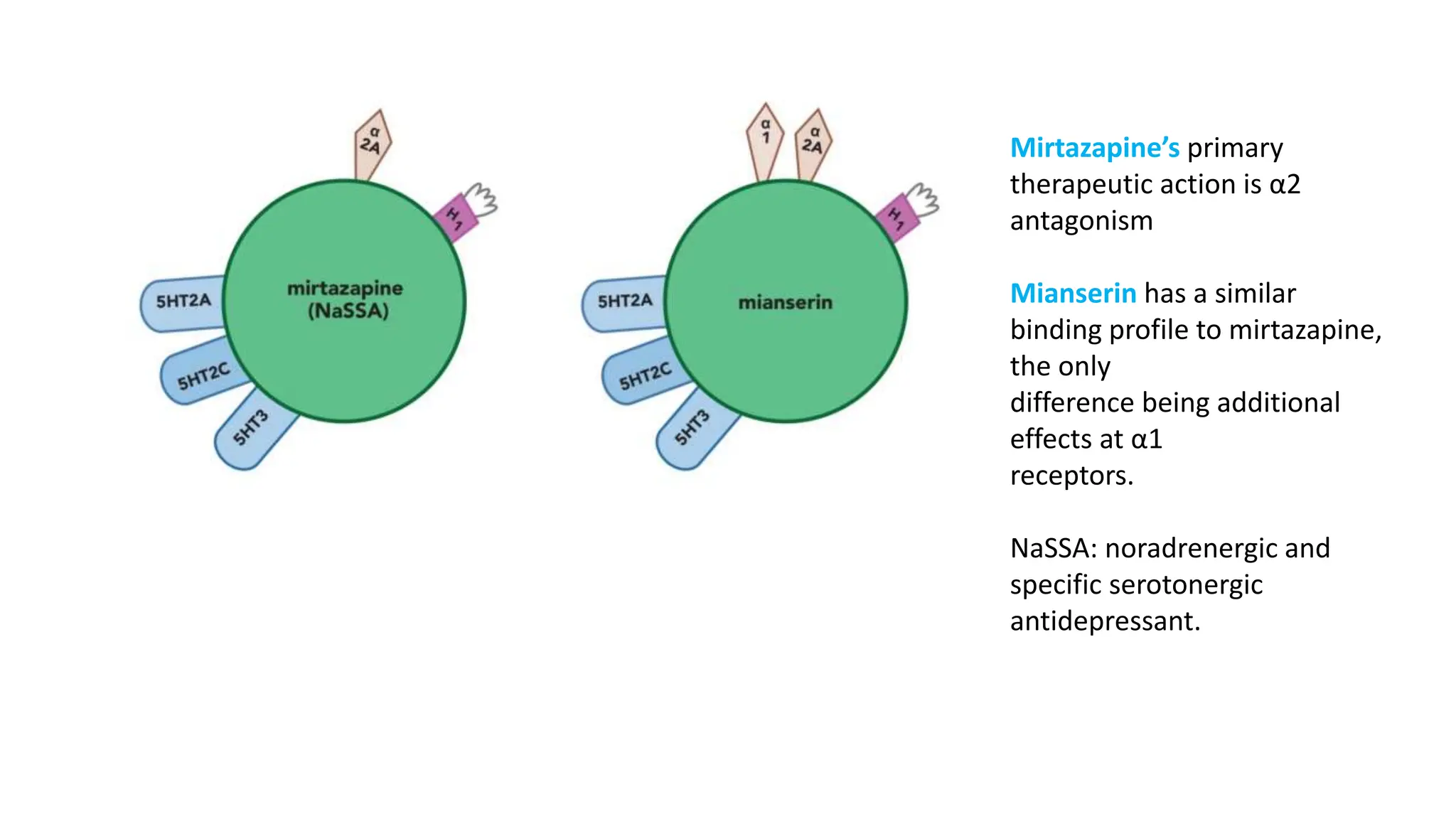 Mirtazapine’s primary
therapeutic action is α2
antagonism
Mianserin has a similar
binding profile to mirtazapine,
the only
difference being additional
effects at α1
receptors.
NaSSA: noradrenergic and
specific serotonergic
antidepressant.