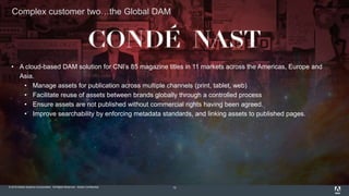 © 2015 Adobe Systems Incorporated. All Rights Reserved. Adobe Confidential.
Complex customer two…the Global DAM
12
• A cloud-based DAM solution for CNI’s 85 magazine titles in 11 markets across the Americas, Europe and
Asia.
• Manage assets for publication across multiple channels (print, tablet, web)
• Facilitate reuse of assets between brands globally through a controlled process
• Ensure assets are not published without commercial rights having been agreed.
• Improve searchability by enforcing metadata standards, and linking assets to published pages.
 