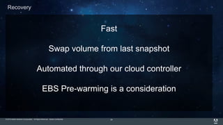 © 2015 Adobe Systems Incorporated. All Rights Reserved. Adobe Confidential.
Fast
Swap volume from last snapshot
Automated through our cloud controller
EBS Pre-warming is a consideration
24
Recovery
 