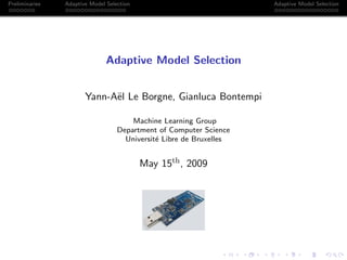 Preliminaries Adaptive Model Selection Adaptive Model Selection
Adaptive Model Selection
Yann-A¨el Le Borgne, Gianluca Bontempi
Machine Learning Group
Department of Computer Science
Universit´e Libre de Bruxelles
May 15th, 2009
 