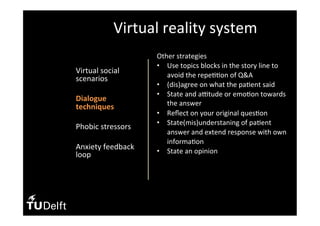 •  Virtual	social	
scenarios	
•  Dialogue	
techniques	
•  Phobic	stressors	
	
•  Anxiety	feedback	
loop	
Virtual	reality	system	
Other	strategies	
•  Use	topics	blocks	in	the	story	line	to	
avoid	the	repe((on	of	Q&A	
•  (dis)agree	on	what	the	pa(ent	said	
•  State	and	aptude	or	emo(on	towards	
the	answer	
•  Reﬂect	on	your	original	ques(on	
•  State(mis)understaning	of	pa(ent	
answer	and	extend	response	with	own	
informa(on	
•  State	an	opinion	
		
 