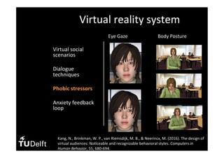 •  Virtual	social	
scenarios	
•  Dialogue	
techniques	
•  Phobic	stressors	
	
•  Anxiety	feedback	
loop	
Virtual	reality	system	
Eye	Gaze																									Body	Posture	
	
Kang,	N.,	Brinkman,	W.	P.,	van	Riemsdijk,	M.	B.,	&	Neerincx,	M.	(2016).	The	design	of	
virtual	audiences:	No(ceable	and	recognizable	behavioral	styles.	Computers	in	
Human	Behavior,	55,	680-694.		
 