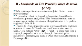 II -II - Analisando as Três Primeiras Visões de AmósAnalisando as Três Primeiras Visões de Amós
(7.1-8):(7.1-8):
Três visões que formam o oráculo de Juízo divino contra o
povo de Israel:
A primeira visão é da praga de gafanhotos (vs.1) o rei havia
recolhido a primeira erva, como uma forma de tributo para os
seus cavalos e mulas, isto não era obrigatório, mas o rei poderia
exigi-lo (1º Reis 18.5).
O juízo de Deus e iminente sobre o povo conforme podemos
observar no verso 2: “Tendo eles comido de todo a erva da
terra...” esta palavra “erva” (‫שב‬ֶׂ‫ע‬ֵ ֣ ) –‘eseb – é usada para toda a
vegetação; o profeta vê toda a plantação devastada pelos
gafanhotos; e lamenta, ele clama a Deus em oração, ele implora a
Deus o perdão.
 