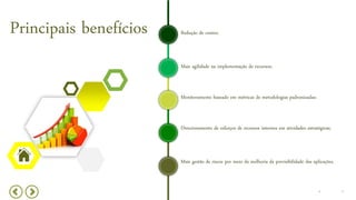 Principais benefícios
Mais agilidade na implementação de recursos;
Monitoramento baseado em métricas de metodologias padronizadas;
Redução de custos;
Direcionamento de esforços de recursos internos em atividades estratégicas;
Mais gestão de riscos por meio da melhoria da previsibilidade das aplicações.
 