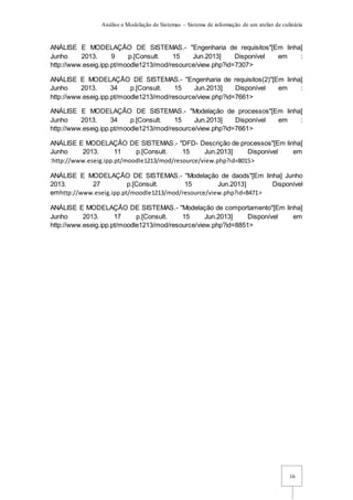 Análise e Modelação de Sistemas – Sistema de informação de um atelier de culinária
16
ANÁLISE E MODELAÇÃO DE SISTEMAS.- "Engenharia de requisitos"[Em linha]
Junho 2013. 9 p.[Consult. 15 Jun.2013] Disponível em :
http://www.eseig.ipp.pt/moodle1213/mod/resource/view.php?id=7307>
ANÁLISE E MODELAÇÃO DE SISTEMAS.- "Engenharia de requisitos(2)"[Em linha]
Junho 2013. 34 p.[Consult. 15 Jun.2013] Disponível em :
http://www.eseig.ipp.pt/moodle1213/mod/resource/view.php?id=7661>
ANÁLISE E MODELAÇÃO DE SISTEMAS.- "Modelação de processos"[Em linha]
Junho 2013. 34 p.[Consult. 15 Jun.2013] Disponível em :
http://www.eseig.ipp.pt/moodle1213/mod/resource/view.php?id=7661>
ANÁLISE E MODELAÇÃO DE SISTEMAS.- "DFD- Descrição de processos"[Em linha]
Junho 2013. 11 p.[Consult. 15 Jun.2013] Disponível em
:http://www.eseig.ipp.pt/moodle1213/mod/resource/view.php?id=8015>
ANÁLISE E MODELAÇÃO DE SISTEMAS.- "Modelação de daods"[Em linha] Junho
2013. 27 p.[Consult. 15 Jun.2013] Disponível
emhttp://www.eseig.ipp.pt/moodle1213/mod/resource/view.php?id=8471>
ANÁLISE E MODELAÇÃO DE SISTEMAS.- "Modelação de comportamento"[Em linha]
Junho 2013. 17 p.[Consult. 15 Jun.2013] Disponível em
http://www.eseig.ipp.pt/moodle1213/mod/resource/view.php?id=8851>
 