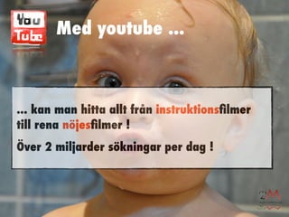 Med youtube ...



... kan man hitta allt från instruktionsﬁlmer
till rena nöjesﬁlmer !
Över 2 miljarder sökningar per dag !
 