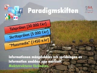 Paradigmskiften




Informationen mångdubblas och spridningen av
information snabbas upp markant.
Maktstrukturer förändras.
 