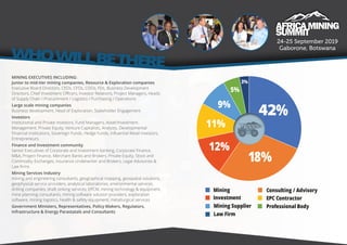 Mining executives including:
Junior to mid-tier mining companies, Resource & Exploration companies
Executive Board Directors, CEOs, CFOs, COOs, FDs, Business Development
Directors, Chief Investment Officers, Investor Relations, Project Managers, Heads
of Supply Chain / Procurement / Logistics / Purchasing / Operations
Large scale mining companies
Business development, Head of Exploration, Stakeholder Engagement
Investors
Institutional and Private Investors, Fund Managers, Asset/Investment
Management; Private Equity, Venture Capitalists, Analysts, Developmental
Financial Institutions, Sovereign Funds, Hedge Funds, Influential Retail investors,
Entrepreneurs.
Finance and Investment community
Senior Executives of Corporate and Investment banking, Corporate Finance,
M&A, Project Finance, Merchant Banks and Brokers, Private Equity, Stock and
Commodity Exchanges, Insurance Underwriter and Brokers, Legal Advisories &
Law firms
Mining Services Industry
mining and engineering consultants, geographical mapping, geospatial solutions,
geophysical service providers, analytical laboratories, environmental services,
drilling companies, shaft sinking services, EPCM, mining technology & equipment,
mine planning consultants, mining software solution providers, exploration
software, mining logistics, health & safety equipment, metallurgical services
Government Ministers, Representatives, Policy Makers, Regulators,
Infrastructure & Energy Parastatals and Consultants
whowillbethere
24-25 September 2019
Gaborone, Botswana
42
 