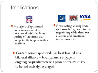 Implications
Managers of sponsored
enterprises should be
concerned with the brand
quality of the firms that
comprise their sponsorship
portfolio
Firms acting as corporate
sponsors bring more to the
negotiating table than just
revenue and functional
trade resources
Contemporary sponsorship is best framed as a
bilateral alliance – both partners engage in
ongoing co-production of a promotional resource
to be collectively leveraged
 