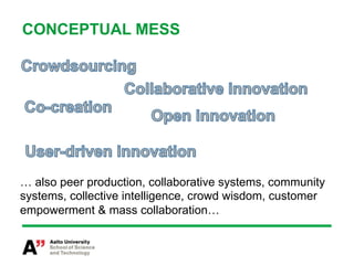 CONCEPTUAL MESS




… also peer production, collaborative systems, community
systems, collective intelligence, crowd wisdom, customer
empowerment & mass collaboration…
 