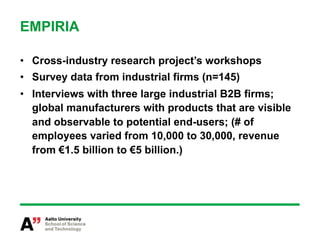 EMPIRIA

•  Cross-industry research project’s workshops
•  Survey data from industrial firms (n=145)
•  Interviews with three large industrial B2B firms;
   global manufacturers with products that are visible
   and observable to potential end-users; (# of
   employees varied from 10,000 to 30,000, revenue
   from €1.5 billion to €5 billion.)
 