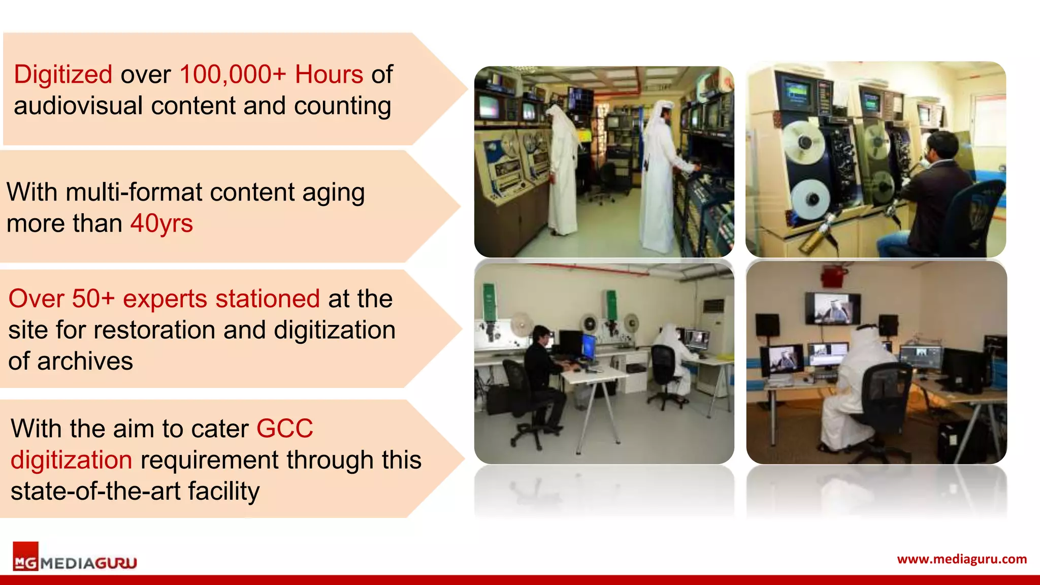 www.mediaguru.com
Digitized over 100,000+ Hours of
audiovisual content and counting
Over 50+ experts stationed at the
site for restoration and digitization
of archives
With multi-format content aging
more than 40yrs
With the aim to cater GCC
digitization requirement through this
state-of-the-art facility
 