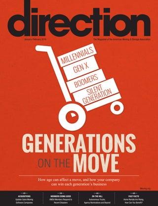 The Magazine of the American Moving & Storage AssociationJanuary–February 2018
Moving.org
—10—
ACQUISITIONS
Updater Gains Moving
Software Companies
—18—
MEMBERS DOING GOOD
AMSA Members Respond to
Recent Disasters
—46—
ON THE HILL
Autonomous Trucks,
Agency Nominations and Beyond
—48—
FAST FACTS
Home Rentals Are Rising.
How Can You Beneit?
How age can affect a move, and how your company
can win each generation’s business
MILLENNIALS
GEN X
BOOMERS
SILENT
GENERATION
ON THE
 