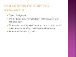  Group Assignment
 Define paradigm, epistemology, ontology, axiology,
methodology
 Discuss the paradigms of nursing research in terms of
epistemology, ontology, axiology, methodology
 Submit on October 5, 2010
 