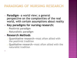 • Paradigm—a world view; a general
perspective on the complexities of the real
world, with certain assumptions about reality
• Key paradigms for nursing research:
– Positivist paradigm
– Naturalistic paradigm
• Research Methods
– Quantitative research—most often allied with
the positivist tradition
– Qualitative research—most often allied with the
naturalist tradition
•
 