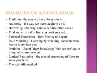 • Tradition - the way we have always done it
• Authority - the way we were taught to do it
• Borrowing - the way some other discipline does it
• Trial and error - if at first you don't succeed...
• Personal Experience - from Novice to Expert
• Role Modeling - Learning by watching someone who
knows more than you
• Intuition - Use of "deep knowledge" that we can't quite
bring into consciousness
• Logical Reasoning – the mental processing of ideas to
solve problems
• The scientific method
 