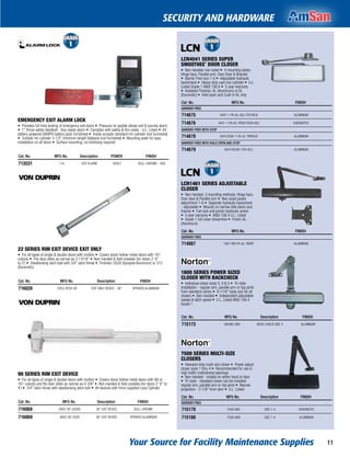 Your Source for Facility Maintenance Supplies 11
SECURITY AND HARDWARE
LCN4041 SERIES SUPER
SMOOTHEE¨ DOOR CLOSER
• Non-handed, non-sized • 4 mounting styles:
Hinge face, Parallel arm, Over Door & Bracket
• Barrier Free size 1-6 • Adjustable hydraulic
backcheck • Heavy-duty cast iron cylinder • U.L.
Listed Grade 1 ANSI 156.4 • 5 year warranty
• Available Finishes: AL (Aluminum) or DL
(Duronotic) • Hold open and Cush in AL only
Cat. No. MFG No. FINISH
BARRIER FREE
714675 4041-1-PA-AL-ADJ-TRI PACK ALUMINUM
714676 4041-1-PA-DL-TRICK PACK ADJ DURONOTIC
BARRIER FREE WITH STOP
714678 4041CUSH-1-PA-AL-TRIPACK ALUMINUM
BARRIER FREE WITH HOLD OPEN AND STOP
714679 4041HCUSH-1PA-ADJ. ALUMINUM
LCN1461 SERIES ADJUSTABLE
CLOSER
• Non-handed, 3 mounting methods: Hinge face,
Over door & Parallel arm • Non-sized power
adjustment 1-6 • Separate hydraulic backcheck
- adjustable • Mounts on narrow stile doors and
frames • Full rack and pinion hydraulic action
• 5 year warranty • ANSI 156.4 U.L. Listed
• Grade 1 full cover streamline • Finish: AL
(Aluminum)
Cat. No. MFG No. FINISH
BARRIER FREE
714667 1461-RW-PA-AL-TBSRT ALUMINUM
1600 SERIES POWER SIZED
CLOSER WITH BACKCHECK
• Individual closer sizes 3, 4 & 5 • Tri-style
installation - regular arm, parallel arm or top jamb
from standard carton • 9-1/16" body size for all
closers • Non-handed • Independent adjustable
sweep & latch speed • U.L. Listed ANSI 156.4
Grade 1
Cat. No. MFG No. Description FINISH
715173 1604BC 689 BACK-CHECK SIZE 4 ALUMINUM
7500 SERIES MULTI-SIZE
CLOSERS
• Heaviest-duty multi-size closer • Power adjust
closer sizes 1 thru 4 • Recommended for use in
high trafﬁc institutional openings
• Non-handed - installs on either hand of door
• Tri-style - standard closer can be installed
regular arm, parallel arm or top jamb • Narrow
projection - 2-1/8" from door • U.L. Listed
Cat. No. MFG No. Description FINISH
BARRIER FREE
715179 7500-690 SIZE 1-4 DURONOTIC
715180 7500-689 SIZE 1-4 ALUMINUM
EMERGENCY EXIT ALARM LOCK
• Provides full time locking of emergency exit doors • Pressure on paddle allows exit & sounds alarm
• 1" throw safety deadbolt - Key resets alarm • Complies with safety & fire codes - U.L. Listed • 6V
battery powered (AKBP6 battery pack furnished) • Inside accepts standard rim cylinder (not furnished)
• Outside rim cylinder 3-1/2" minimum length tailpiece (not furnished) • Mounting plate for easy
installation on all doors • Surface mounting, no mortising required
Cat. No. MFG No. Description POWER FINISH
713531 11A EXIT ALARM 6VOLT DULL CHROME - 26D
22 SERIES RIM EXIT DEVICE EXIT ONLY
• For all types of single & double doors with mullion • Covers stock hollow metal doors with 161
cutouts • Fits door stiles as narrow as 3-13/16" • Non-handed & field sizeable (for doors 2' 6"
to 3') • Deadlocking latch bolt with 3/4" latch throw • Finishes: US28 (Sprayed Aluminum) or 313
(Duronotic)
Cat. No. MFG No. Description FINISH
716039 22EO-SP28-36' EXIT ONLY DEVICE - 36" SPRAYED ALUMINUM
99 SERIES RIM EXIT DEVICE
• For all types of single & double doors with mullion • Covers stock hollow metal doors with 86 or
161 cutouts and fits door stiles as narrow as 4-3/8" • Non-handed & field sizeable (for doors 2' 6" to
4') • 3/4" latch throw with deadlocking latch bolt • All devices with trims supplied Less Cylinder
Cat. No. MFG No. Description FINISH
716068 99EO 36' US26D 36" EXIT DEVICE DULL CHROME
716069 99EO 36' US28 36" EXIT DEVICE SPRAYED ALUMINUM
 
