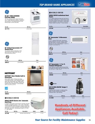 Your Source for Facility Maintenance Supplies 15
TOP BRAND NAME APPLIANCES
WORLD DRYER Institutional Hand
Dryers
• #1 selling institutional heavy duty hand dryer in
the world • Bullet proof 1/4" thick cast iron cover
with white porcelain enamel finish • Fixed nozzle
prevents vandalism • Air velocity of 7300 LFM •
Tamper resistant mounting • 10 year warranty
Cat. No. MFG No. Description
337246 A5 Push Button Hand Dryer
GE¨ Spacemaker¨ II Microwave
Oven
1.0 cu. ft. capacity Ñ 800 watts. Convenience
cooking controls for one touch cooking, express
cook with instant on controls, turntable on/off,
child lock-out, auto or timed defrost. 11-3/16" H x
12-9/32" D x 23-25/32" W.
Cat. No. MFG No. Color
469510 JEM25DMWW White
GE¨ Spacemaker 1.7 Cu. Ft.
Compact Refrigerator
Color matched recessed handle. Manual defrost.
Full-width wire cabinet shelf. Mini Ice N'Easy Tray.
19 -1/2" H x 17 - 3/8" x 19" D
Cat. No. MFG No. Color
469486 GMR02BANWW White
ISE IN-SINK-ERATOR¨ Badger V
Disposer
Galvanized steel shredder for reliable grinding
ability. Corrosion resistant grind chamber.
Continuous feed. 2 year warranty.
Cat. No. MFG No. Description Size
53-2000 Badger V Disposer 1/2 HP
GE 30"" FREE-STANDING
ELECTRIC RANGE
30" Free-standing electric range • Self-clean
oven • Super-large oven capacity • Quickset III
oven controls • Coil heating elements • Dual-
element bake • chrome drip bowls
Cat. No. MFG No.
53-7773 J BP23D R WW
GE¨ Unitized Spacemaker 24"
Washer/Dryer
Two wash/spin speed combinations. Three
wash cycles and 3 water levels. Auto dry.
Electromechanical controls
Cat. No. MFG No. Color
469613 GTUP24OEMWW White
HOTPOINT¨ Silver Metallic Built-In
Dishwasher
Silver metallic exterior. Trimless door design.
Push-button controls. 5-level PowerScrubª wash
system with PowerShower. Hot PreWash option.
Pots and Pans Cycle. 100% Water Filtration with
ExtraFineª Filter. QuietPowerª 2 sound package.
34"H x 25-3/4" D x 24" W.
Cat. No. MFG No.
469625 HDA3640VSA
WORLD DRYER Electric-Aire¨ Automatic
Hand Dryer
• Powder-coated baked-enamel finish • Automatic touchless
activation, no buttons to push • 115V, 13 amp, 1500 watts,
1/8 HP, 3360 RPM, 3900 LFM deeps • Tamper-resistant wall
mounting • For surface mounting • Economical, saves up to
90% paper towel cost • Cast aluminum cover • 9-1/2 lbs.
• 1 year warranty
Cat. No. MFG No. Description Width Height
337196 LE-1 Automatic Infrared Hand Dryer 11-1/4" 8-1/16"
Hundreds of Different
Appliances Available.
Call Today!
 