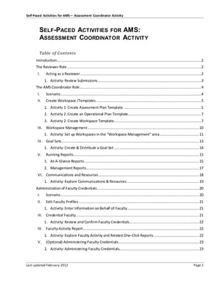 Self-Paced Activities for AMS— Assessment Coordinator Activity
Last updated February 2012 Page 1
SELF-PACED ACTIVITIES FOR AMS:
ASSESSMENT COORDINATOR ACTIVITY
Table of Contents
Introduction....................................................................................................................................2
The Reviewer Role...........................................................................................................................2
I. Acting as a Reviewer...............................................................................................................2
1. Activity: Review Submissions...............................................................................................3
The AMS Coordinator Role...............................................................................................................4
I. Scenario.................................................................................................................................4
II. Create Workspace /Templates ................................................................................................5
1. Activity 1: Create Assessment Plan Template .......................................................................5
2. Activity 2: Create an Operational Plan Template...................................................................7
3. Activity 2: Create Workspace Template................................................................................7
III. Workspace Management......................................................................................................10
1. Activity: Set up Workspaces in the “Workspace Management” area....................................11
IV. Goal Sets..............................................................................................................................13
1. Activity: Create & Distribute a Goal Set..............................................................................14
V. Running Reports...................................................................................................................15
1. At-A-Glance Reports.........................................................................................................15
2. Management Reports.......................................................................................................17
VI. Communications and Resources............................................................................................18
1. Activity: Explore Communications & Resources..................................................................19
Administration of Faculty Credentials .............................................................................................20
I. Scenario...............................................................................................................................20
II. Edit Faculty Profiles ..............................................................................................................21
1. Activity: Enter Information on Behalf of Faculty..................................................................21
III. Credential Faculty.................................................................................................................21
1. Activity: Review and Confirm Faculty Credentials................................................................22
IV. FacultyActivity Report..........................................................................................................22
1. Activity: Explore Faculty Activity and Related One-Click Reports..........................................22
V. (Optional) Administering Faculty Credentials..........................................................................23
2. Activity: Administering Faculty Credentials.........................................................................23
 