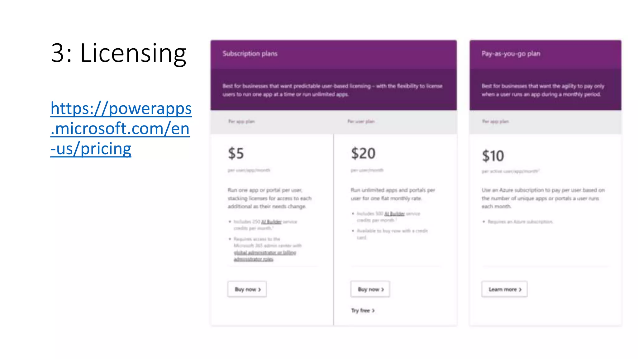 3: Licensing
https://powerapps
.microsoft.com/en
-us/pricing
 