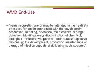 WMD End-Use “items in question are or may be intended in their entirety or in part, for use in connection with the development, production, handling, operation, maintenance, storage, detection, identification  or  dissemination of chemical, biological or nuclear weapons or other nuclear explosive devices,  or  the development, production maintenance or storage of missiles capable of delivering such weapons” 