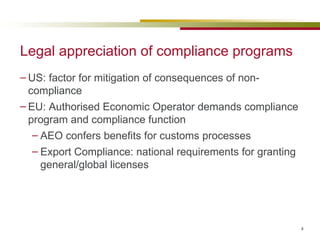 Legal appreciation of compliance programs US: factor for mitigation of consequences of non-compliance EU: Authorised Economic Operator demands compliance program and compliance function AEO confers benefits for customs processes Export Compliance: national requirements for granting general/global licenses 