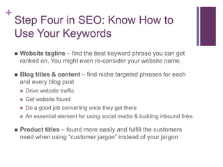 Step Four in SEO: Know How to Use Your KeywordsWebsite tagline – find the best keyword phrase you can get ranked on. You might even re-consider your website name.Blog titles & content – find niche targeted phrases for each and every blog postDrive website trafficGet website foundDo a good job converting once they get thereAn essential element for using social media & building inbound linksProduct titles – found more easily and fulfill the customers need when using “customer jargon” instead of your jargon