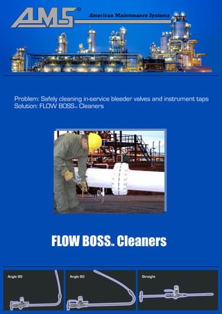Problem: Safely cleaning in-service bleeder valves and instrument taps
   Solution: FLOW BOSS Cleaners
                        TM




                FLOW BOSS Cleaners   TM




Angle 90              Angle 60                  Straight
 
