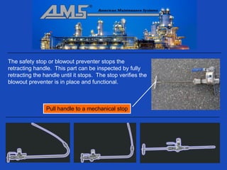 The safety stop or blowout preventer stops the
retracting handle. This part can be inspected by fully
retracting the handle until it stops. The stop verifies the
blowout preventer is in place and functional.



                Pull handle to a mechanical stop
 