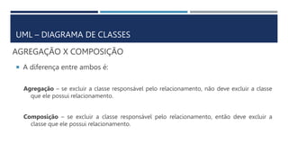 AGREGAÇÃO X COMPOSIÇÃO
 A diferença entre ambos é:
Agregação – se excluir a classe responsável pelo relacionamento, não deve excluir a classe
que ele possui relacionamento.
Composição – se excluir a classe responsável pelo relacionamento, então deve excluir a
classe que ele possui relacionamento.
UML – DIAGRAMA DE CLASSES
 