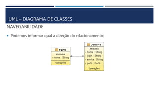 NAVEGABILIDADE
 Podemos informar qual a direção do relacionamento:
UML – DIAGRAMA DE CLASSES
 