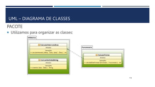 PACOTE
 Utilizamos para organizar as classes:
113
UML – DIAGRAMA DE CLASSES
 