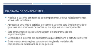 DIAGRAMA DE COMPONENTES
 Modela o sistema em termos de componentes e seus relacionamentos
através de interfaces
• Apresenta uma visão estática de como o sistema será implementado e
quais os seus módulos de software, ou seja, os seus componentes.
• Está amplamente ligado a linguagem de programação de
implementação.
 Decompõe o sistema em subsistemas que detalham a estrutura interna
 Entre muitas motivações para a construção de modelos de
componentes, salientam-se as seguintes:
 