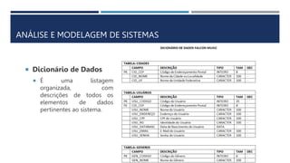 ANÁLISE E MODELAGEM DE SISTEMAS
 Dicionário de Dados
 É uma listagem
organizada, com
descrições de todos os
elementos de dados
pertinentes ao sistema.
 