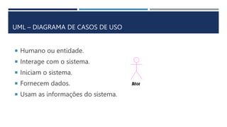 UML – DIAGRAMA DE CASOS DE USO
 Humano ou entidade.
 Interage com o sistema.
 Iniciam o sistema.
 Fornecem dados.
 Usam as informações do sistema.
 
